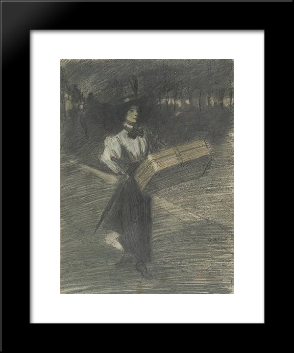 Girl With Case 20x24 Black Modern Wood Framed Art Print Poster by Steinlen, Theophile