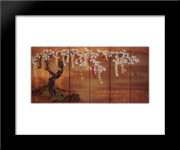 Flowering Cherry With Poem Slips 20x24 Black Modern Wood Framed Art Print Poster by Mitsuoki, Tosa