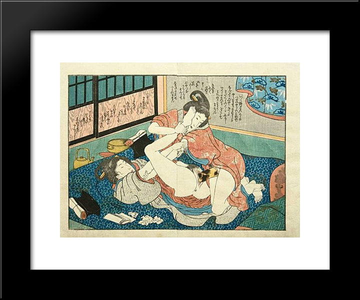 Lesbians Having Sex By A Harikata (Dildo) 20x24 Black Modern Wood Framed Art Print Poster by Kunisada II, Utagawa