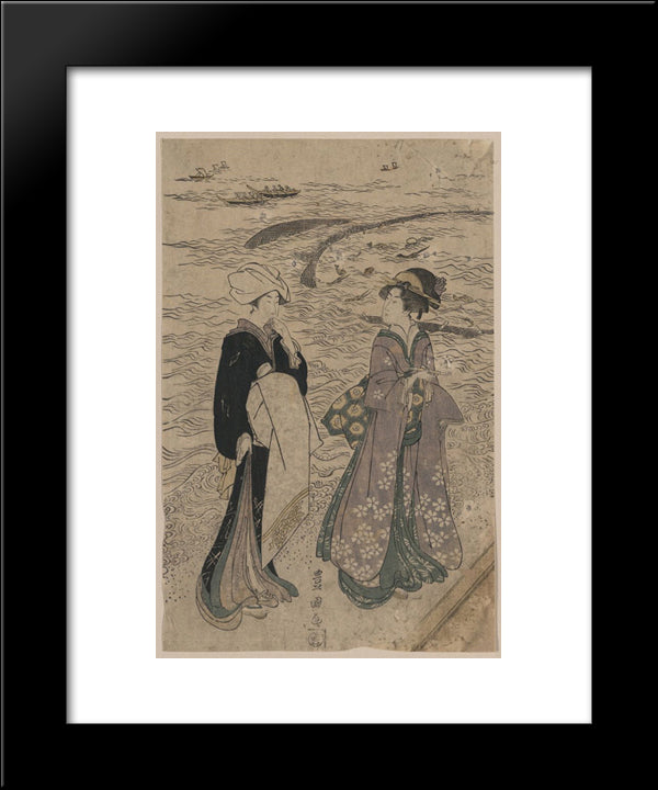 Fishing Net 20x24 Black Modern Wood Framed Art Print Poster by Toyokuni II, Utagawa