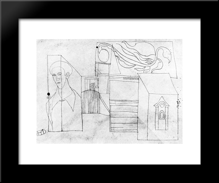 Village Motifs With Self-Portrait 20x24 Black Modern Wood Framed Art Print Poster by Lajos, Vajda