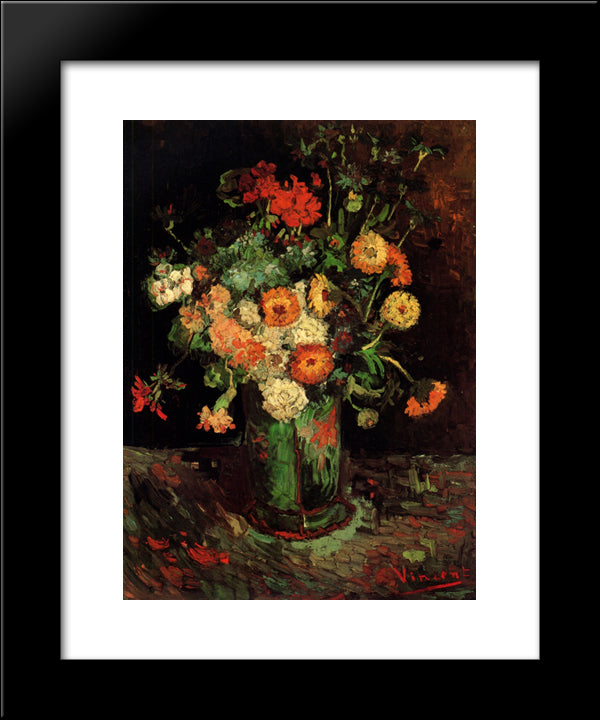 Vase With Zinnias And Geraniums 20x24 Black Modern Wood Framed Art Print Poster by Van Gogh, Vincent