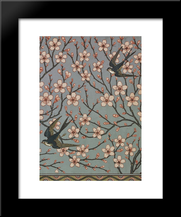 Almond Blossom And Swallow (Wallpaper Design) 20x24 Black Modern Wood Framed Art Print Poster by Crane, Walter