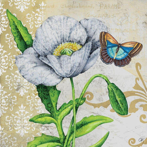 Poppy and Butterfly Gold Ornate Wood Framed Art Print with Double Matting by K, Onna