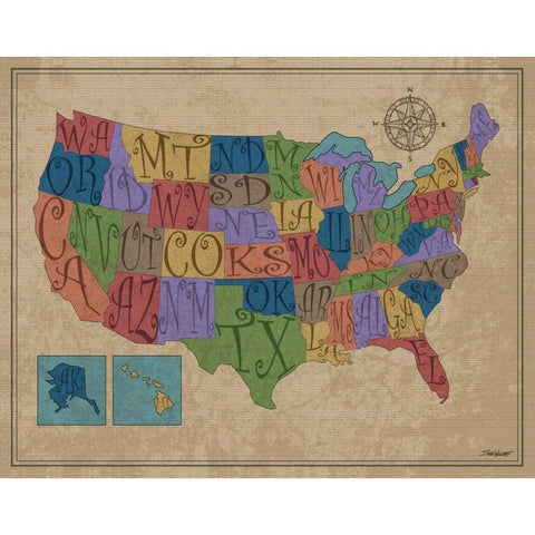 US Map Gold Ornate Wood Framed Art Print with Double Matting by Williams, Todd