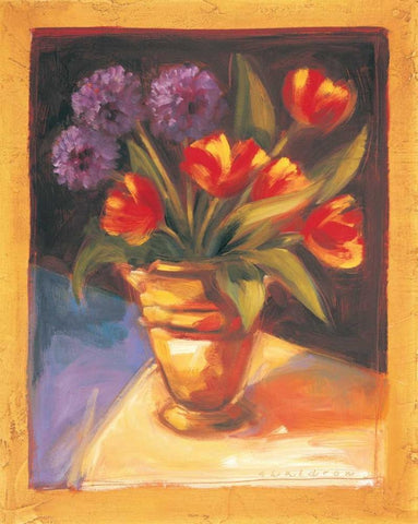 Tulip and Dahlia White Modern Wood Framed Art Print with Double Matting by Waldron, Sarah