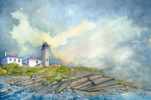 Beavertail Lighthouse - R.I. White Modern Wood Framed Art Print with Double Matting by Rizzo, Gene