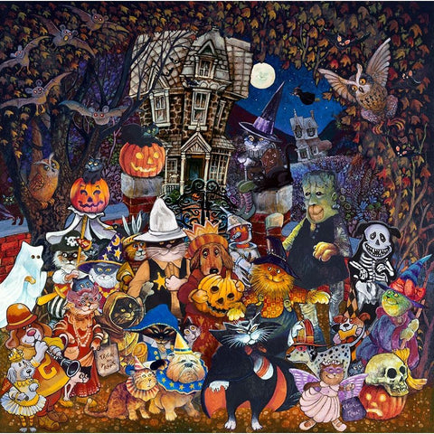 Cats and Dogs Halloween White Modern Wood Framed Art Print by Bell, Bill