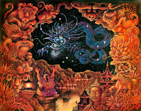 Zodiac Dragon Black Ornate Wood Framed Art Print with Double Matting by Bell, Bill