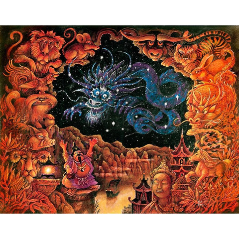 Zodiac Dragon Black Modern Wood Framed Art Print with Double Matting by Bell, Bill