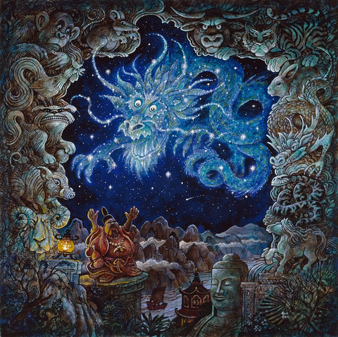 Star Dragon White Modern Wood Framed Art Print with Double Matting by Bell, Bill