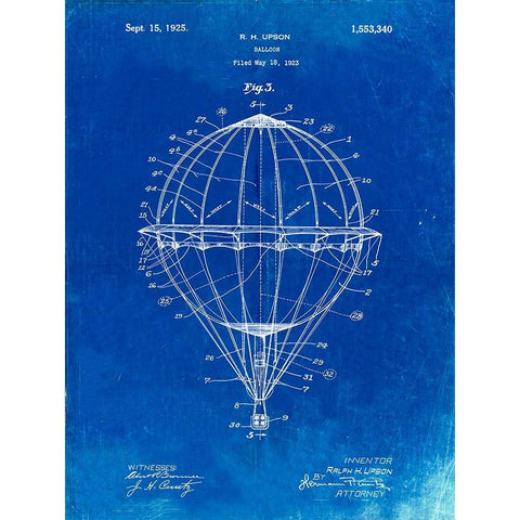 PP36-Faded Blueprint Hot Air Balloon 1923 Patent Poster Gold Ornate Wood Framed Art Print with Double Matting by Borders, Cole