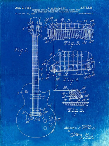PP47-Faded Blueprint Gibson Les Paul Guitar Patent Poster Black Ornate Wood Framed Art Print with Double Matting by Borders, Cole