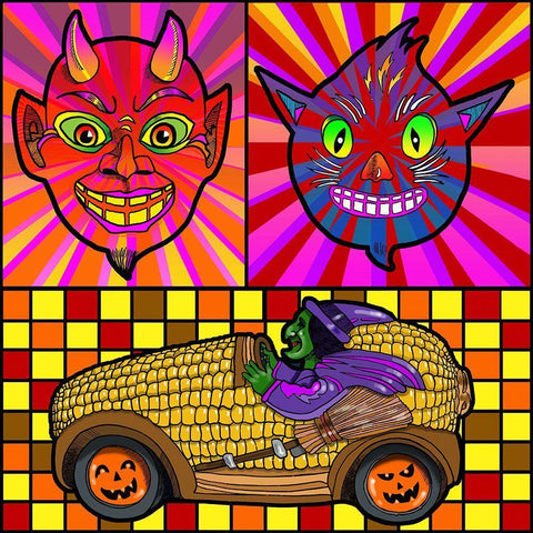 Devil Cat Witch Corn Cob Car Black Ornate Wood Framed Art Print with Double Matting by Green, Howie