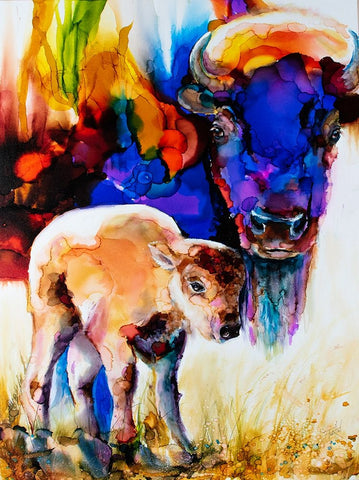 Bison By Son_1 White Modern Wood Framed Art Print with Double Matting by Art by Leslie Franklin