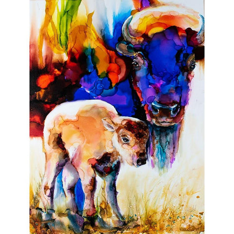 Bison By Son_1 White Modern Wood Framed Art Print by Art by Leslie Franklin