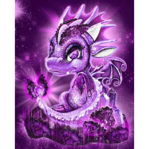 February - Amethyst - Birthstone Lil Dragonz Black Modern Wood Framed Art Print with Double Matting by Sheena Pike Art