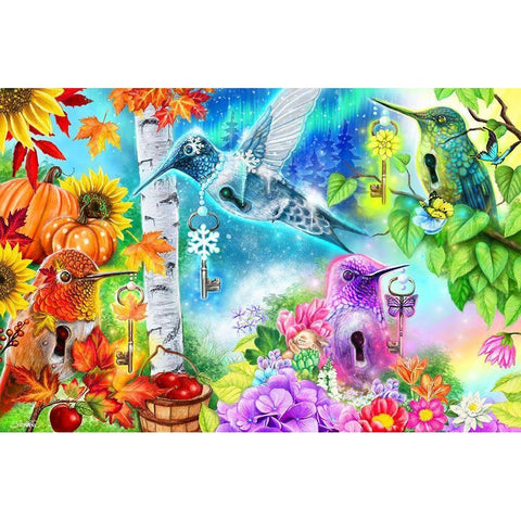 Changing Seasons Humming Birds Black Modern Wood Framed Art Print by Sheena Pike Art