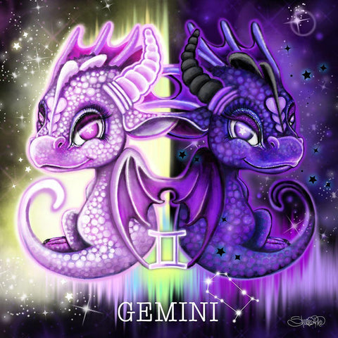 Zodiac Lil Dragonz Gemini Gold Ornate Wood Framed Art Print with Double Matting by Sheena Pike Art