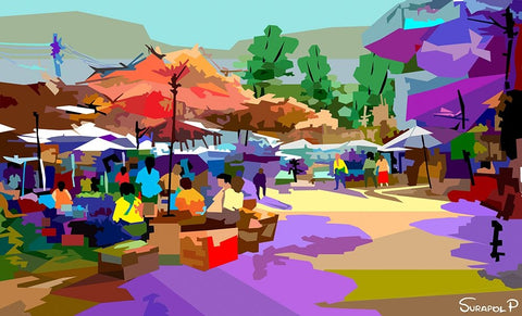 Border Market Black Ornate Wood Framed Art Print with Double Matting by Pansanit, Surapol