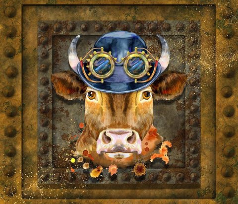 Steampunk Cow White Modern Wood Framed Art Print with Double Matting by Mitchell, Tina