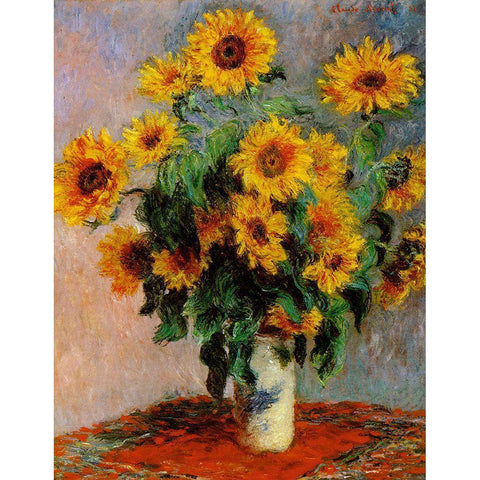 Monet-Bouquet of Sunflowers Black Modern Wood Framed Art Print with Double Matting by Vintage Apple Collection