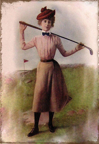 Vintage Lady Golfer Black Ornate Wood Framed Art Print with Double Matting by Vintage Apple Collection