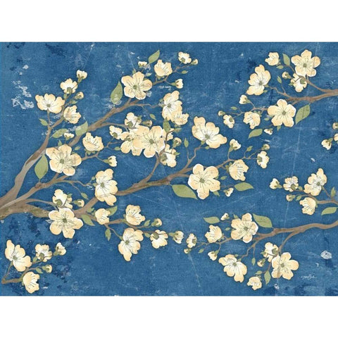 Cherry Blossoms Blue Gold Ornate Wood Framed Art Print with Double Matting by Stimson, Diane