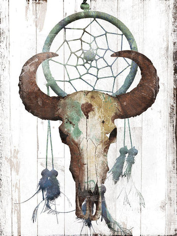 Bull With Dreamcatcher White Modern Wood Framed Art Print with Double Matting by Grey, Jace