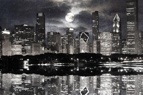 Full Moon Chicago 2 Black Ornate Wood Framed Art Print with Double Matting by Prime, Marcus