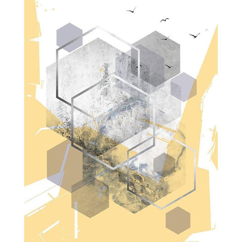Yellow Grey Abstract Hexagons 1 Black Modern Wood Framed Art Print with Double Matting by Urban Epiphany