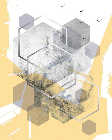 Yellow Grey Abstract Hexagons 1 White Modern Wood Framed Art Print with Double Matting by Urban Epiphany