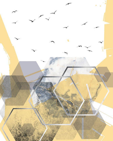 Yellow Grey Abstract Hexagons 2 White Modern Wood Framed Art Print with Double Matting by Urban Epiphany
