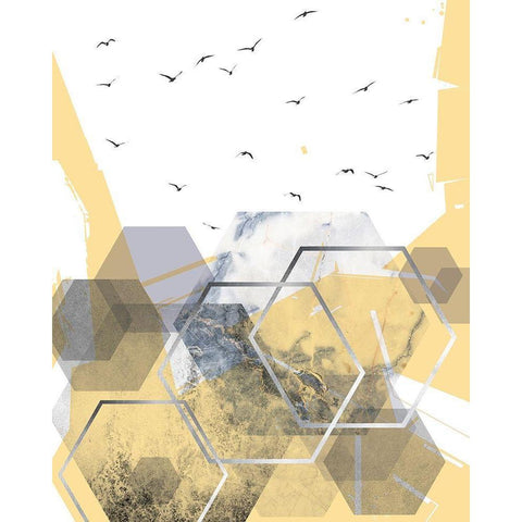 Yellow Grey Abstract Hexagons 2 Gold Ornate Wood Framed Art Print with Double Matting by Urban Epiphany