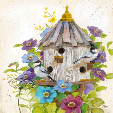 Chickadees White Modern Wood Framed Art Print by Nan