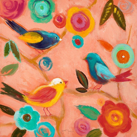 Birds and Whimsy II White Modern Wood Framed Art Print with Double Matting by Tava Studios