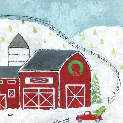 Christmas Barn White Modern Wood Framed Art Print with Double Matting by Tava Studios