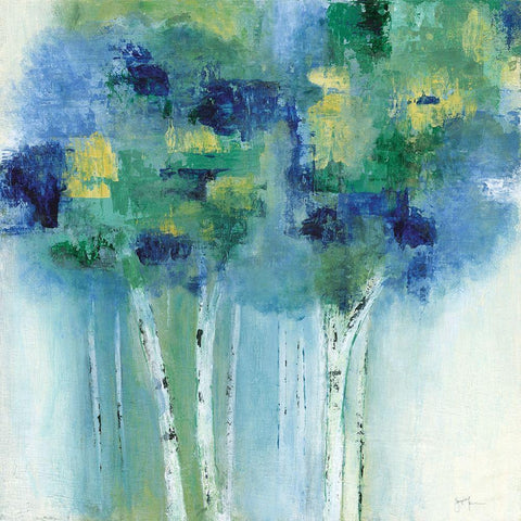 Birch In Blues White Modern Wood Framed Art Print with Double Matting by Tava Studios