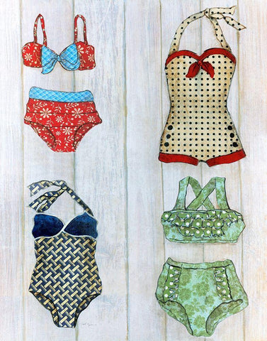 Vintage Bathing Suits II White Modern Wood Framed Art Print with Double Matting by Tava Studios