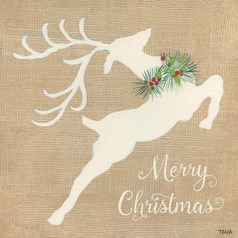 Merry Christmas Reindeer White Modern Wood Framed Art Print with Double Matting by Tava Studios