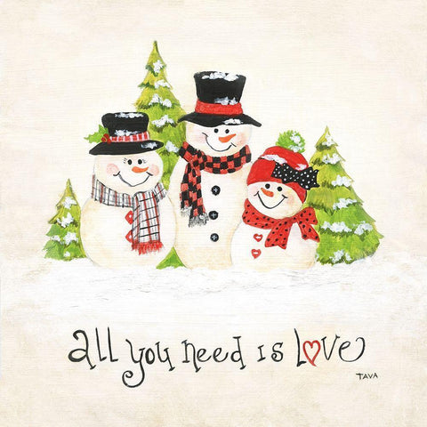 All You Need is Love Snowman White Modern Wood Framed Art Print with Double Matting by Tava Studios