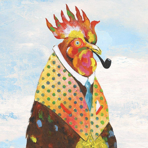 Groovy Rooster and Sky White Modern Wood Framed Art Print with Double Matting by Tava Studios