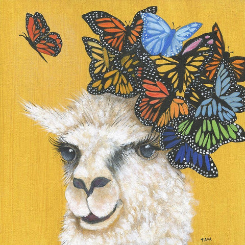 Llama and Butterflies White Modern Wood Framed Art Print with Double Matting by Tava Studios