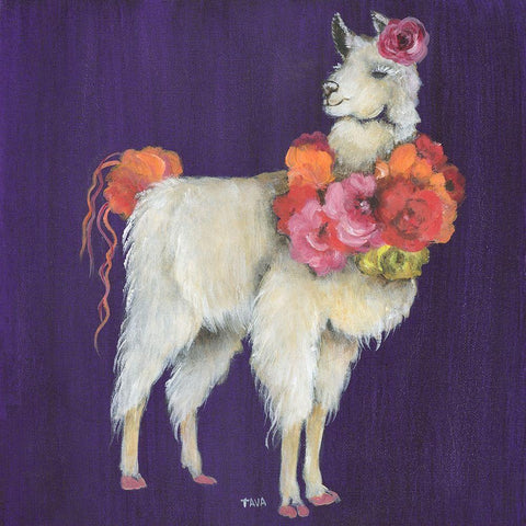 Llama Flowers White Modern Wood Framed Art Print with Double Matting by Tava Studios