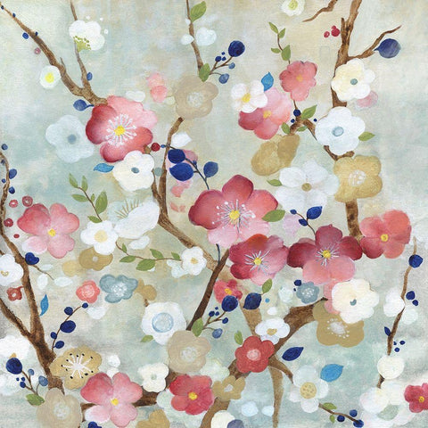 Cherry Blossoms White Modern Wood Framed Art Print with Double Matting by Tava Studios