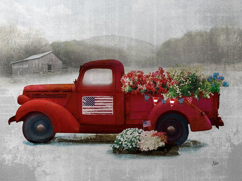 Americana Red Truck White Modern Wood Framed Art Print with Double Matting by Nan