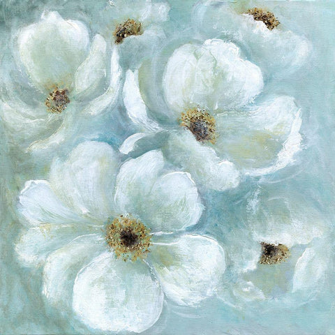 Soft Blue Blossoms White Modern Wood Framed Art Print with Double Matting by Tava Studios