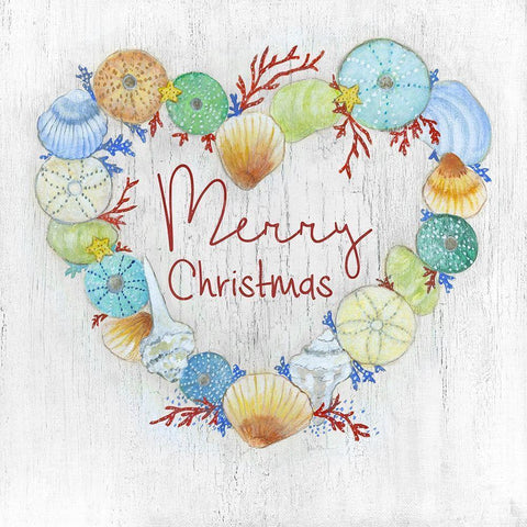 Merry Christmas Shell Wreath White Modern Wood Framed Art Print with Double Matting by Tava Studios