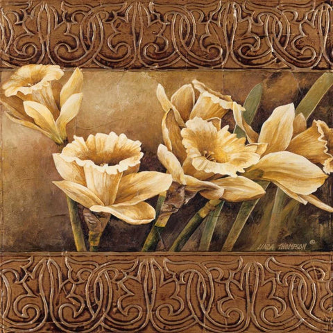 Golden Daffodils II Black Ornate Wood Framed Art Print with Double Matting by Thompson, Linda