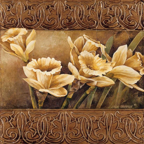 Golden Daffodils II White Modern Wood Framed Art Print by Thompson, Linda
